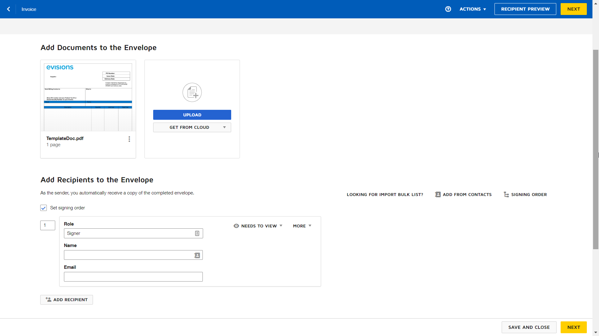 Edit Recipients screen in DocuSign showing the role, name, and email fields, action dropdown, and button to add additional recipients.